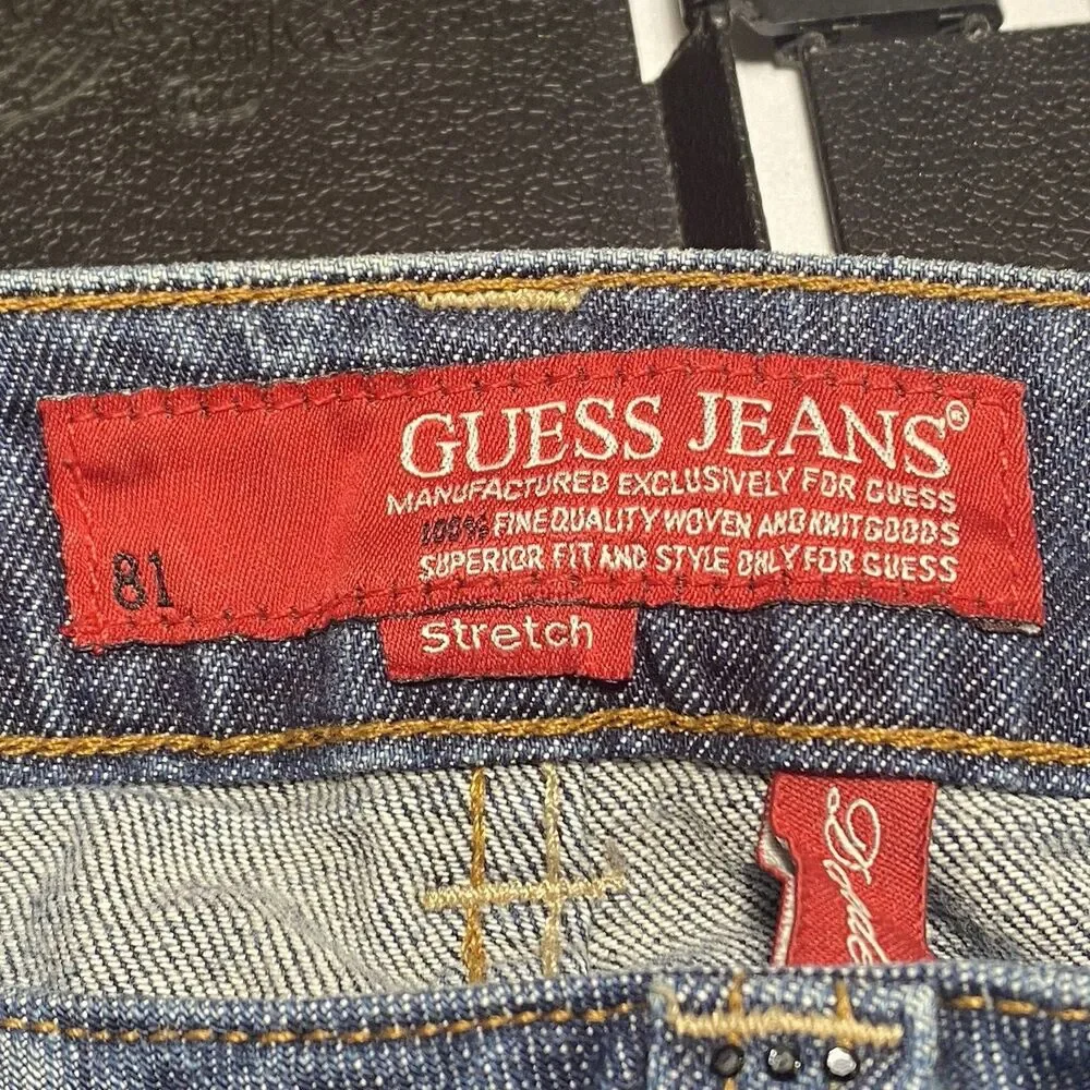 Guess Jeans 81 Daredevil Woman Sz 32(31)x 32 Boot Cut Stretch Jeans Sequin Logo